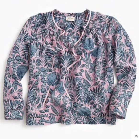 J.Crew X Abigail Borg S Blouse Floral Prairie Dusk Print Pink Navy Ribbon Tie - Picture 3 of 14